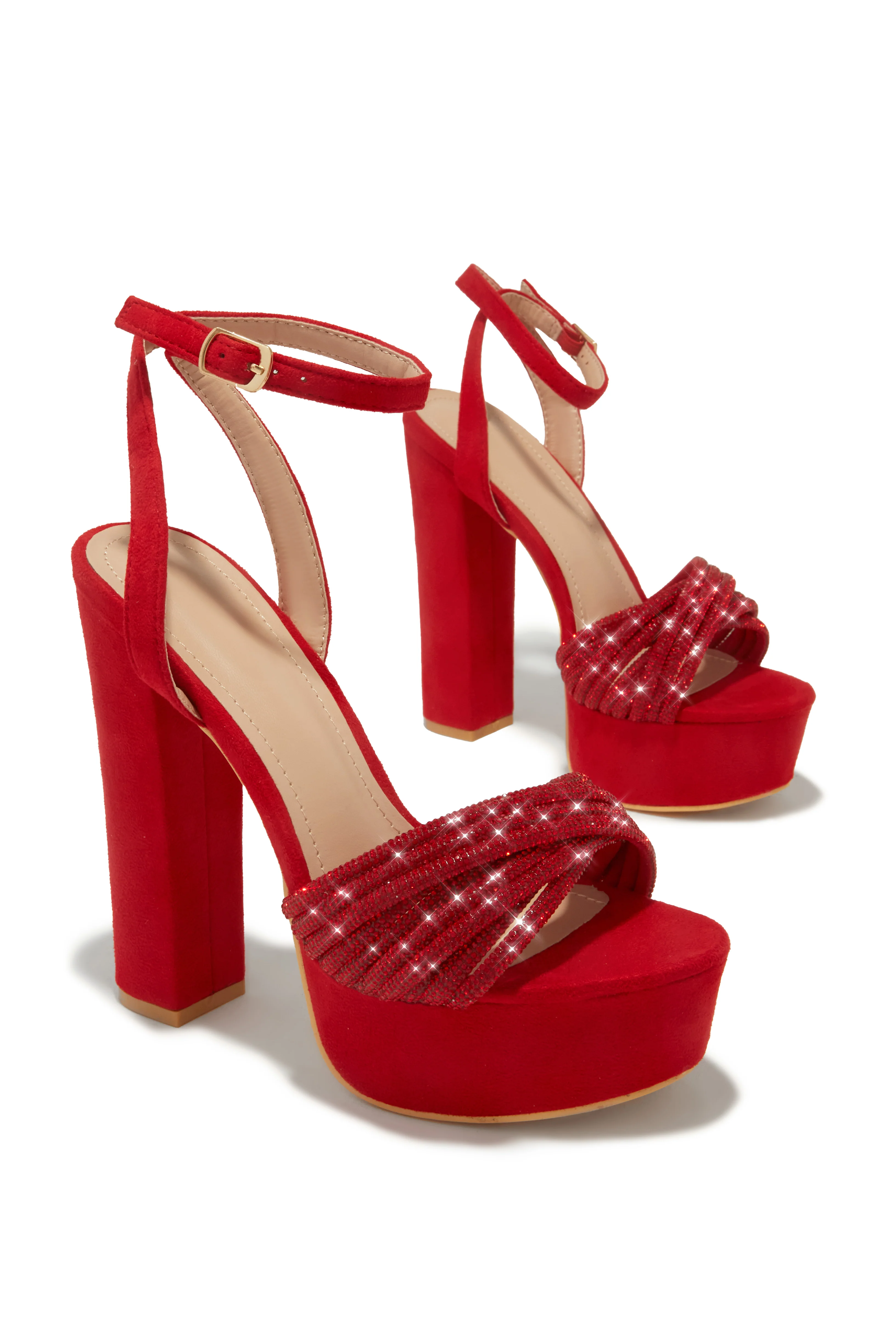 Arianna Embellished Platform Block Heels - Red - Image 4