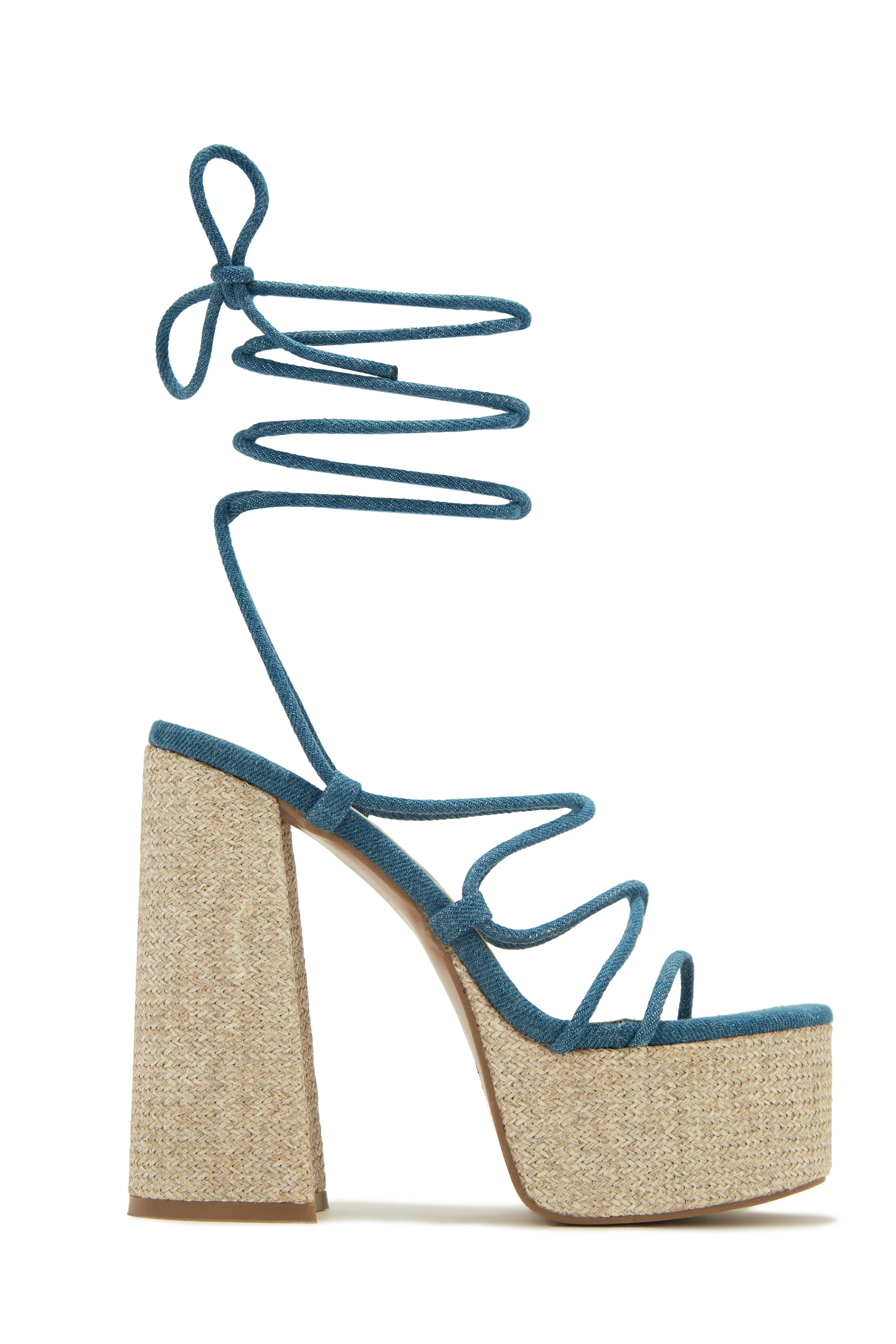 Brunch Al Fresco Lace Up Platform Block High Heels - Denim - Image 5