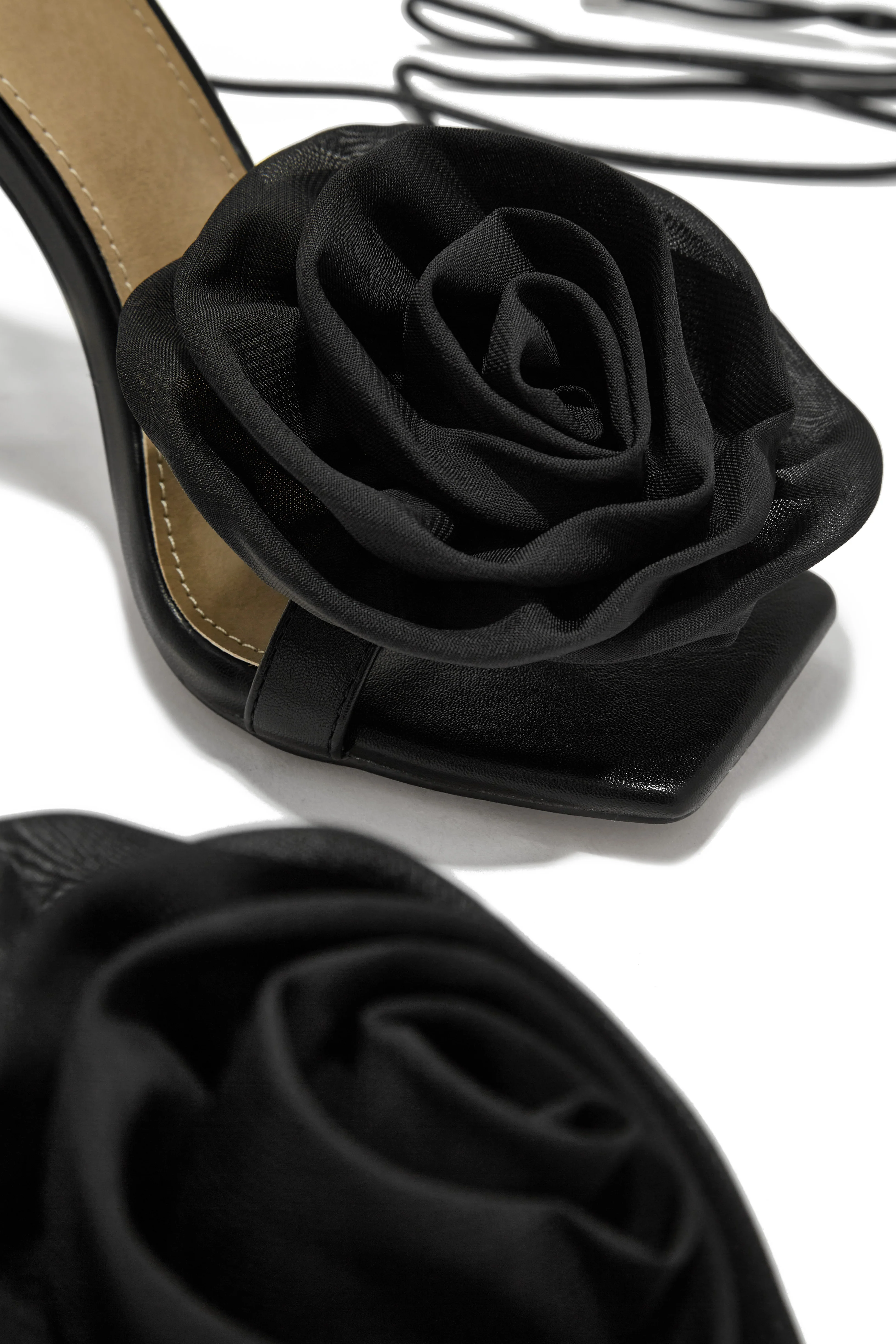 Divine Bloom Rosette Lace Up Heels - Black - Image 3