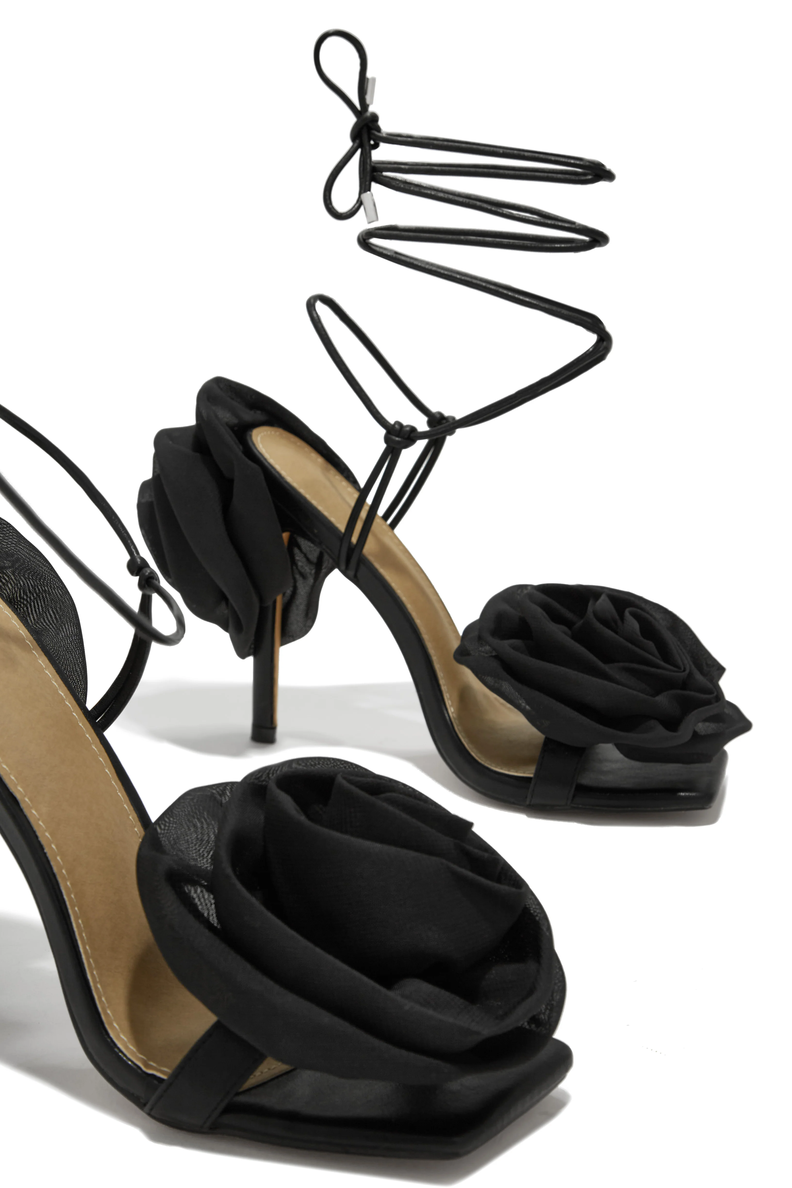 Divine Bloom Rosette Lace Up Heels - Black - Image 6