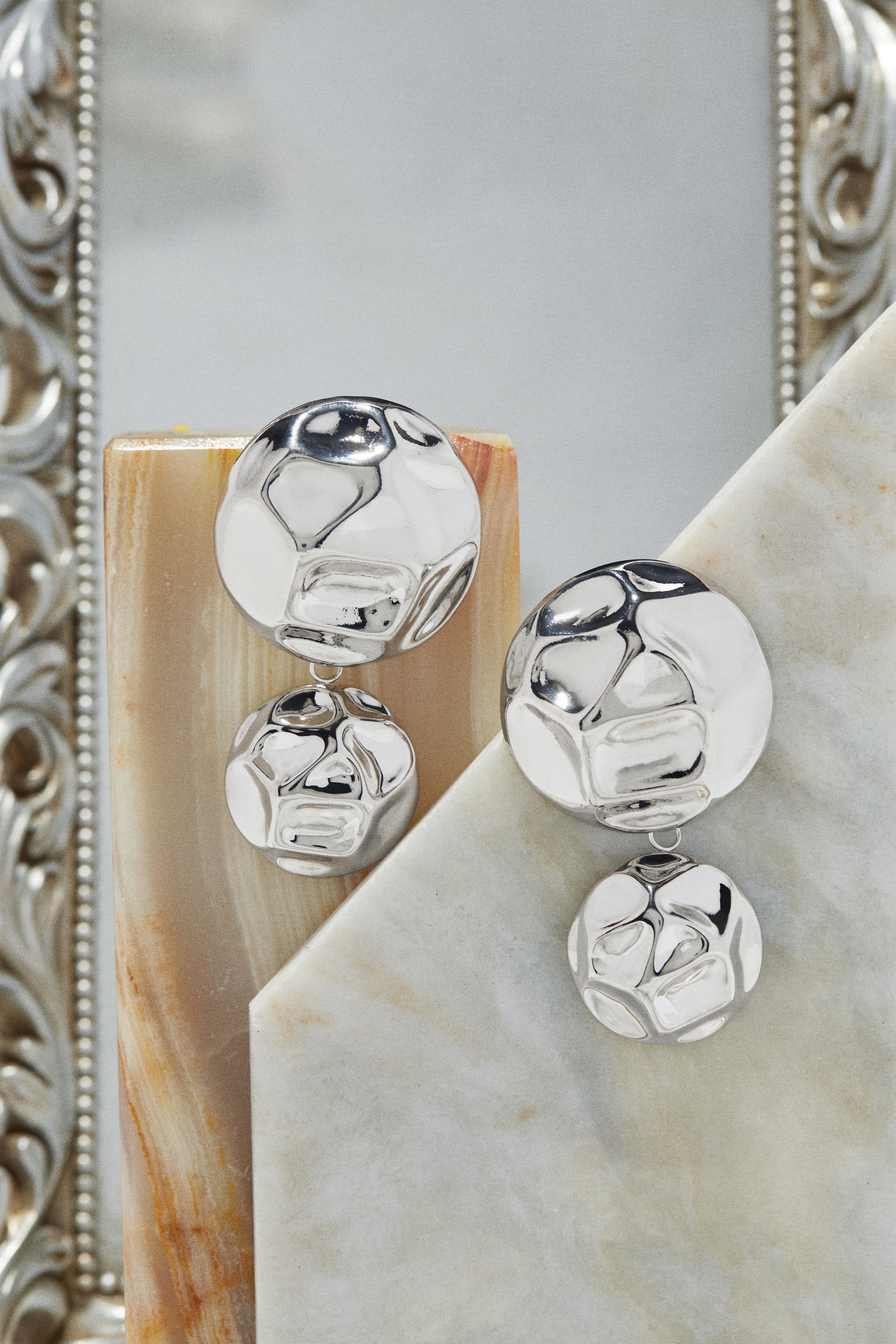 Emilia Embossed Dangle Statement Earring - Silver - Image 3