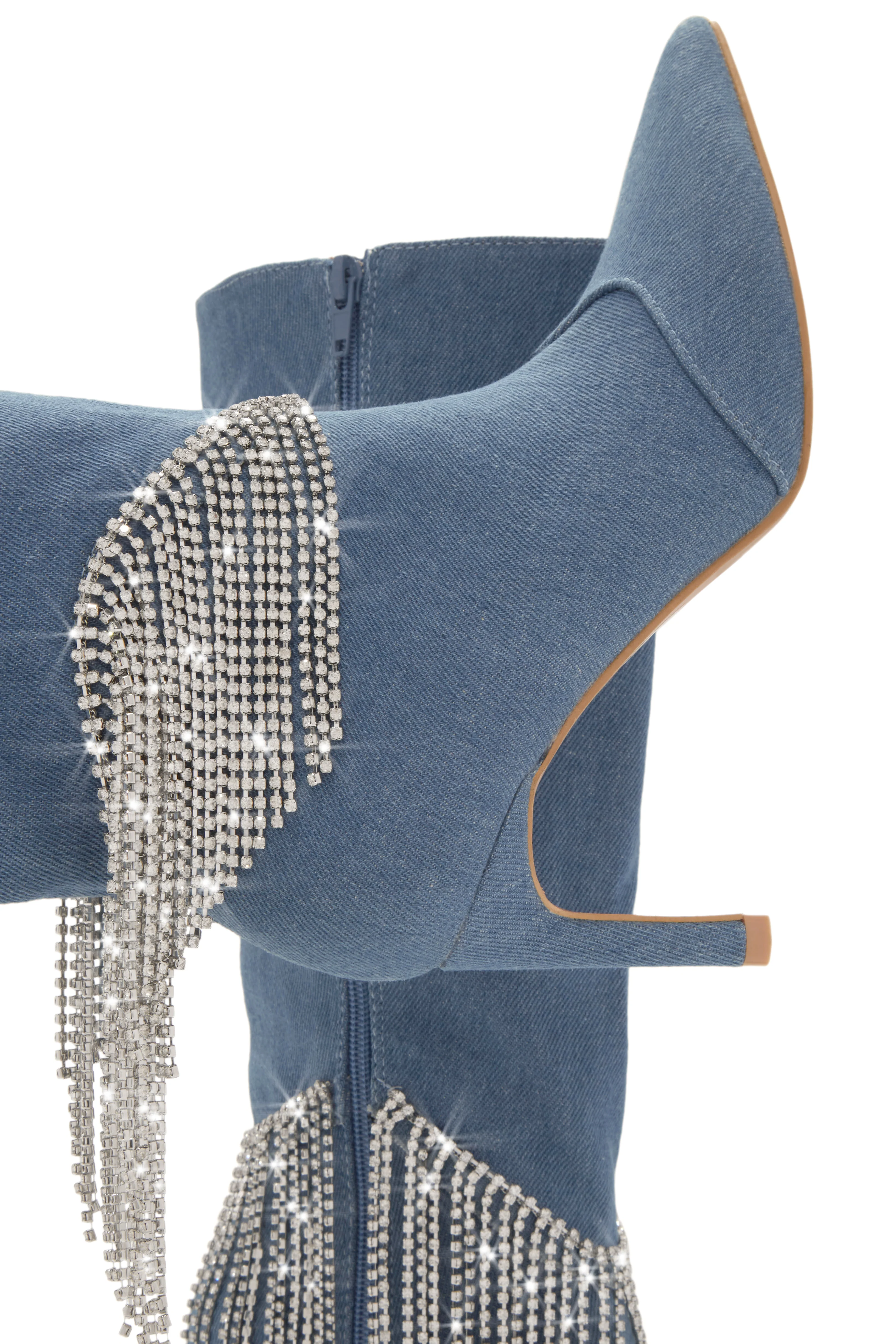 Faye Embellished Fringe Knee High Boots - Denim - Image 4