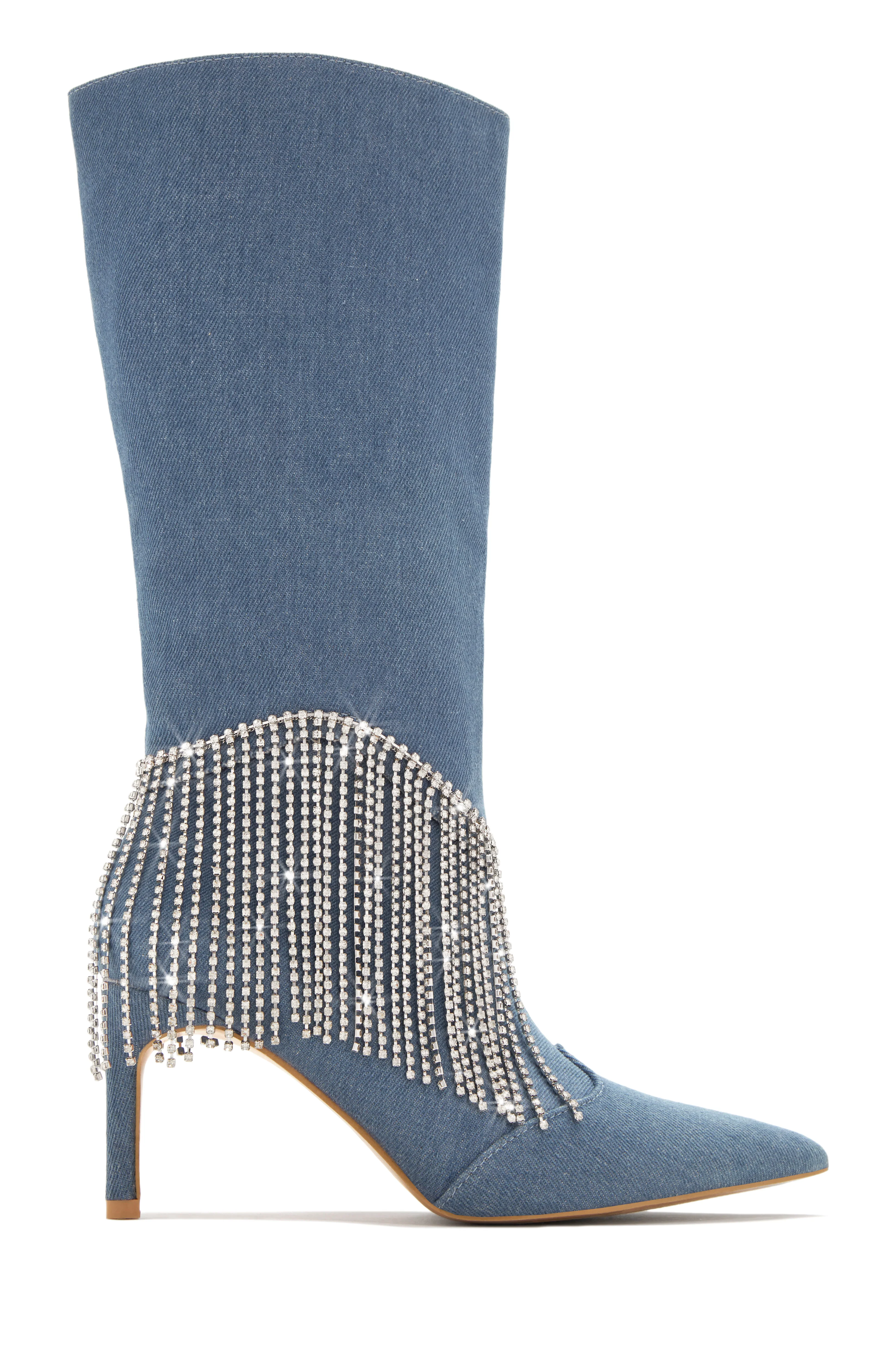 Faye Embellished Fringe Knee High Boots - Denim - Image 9