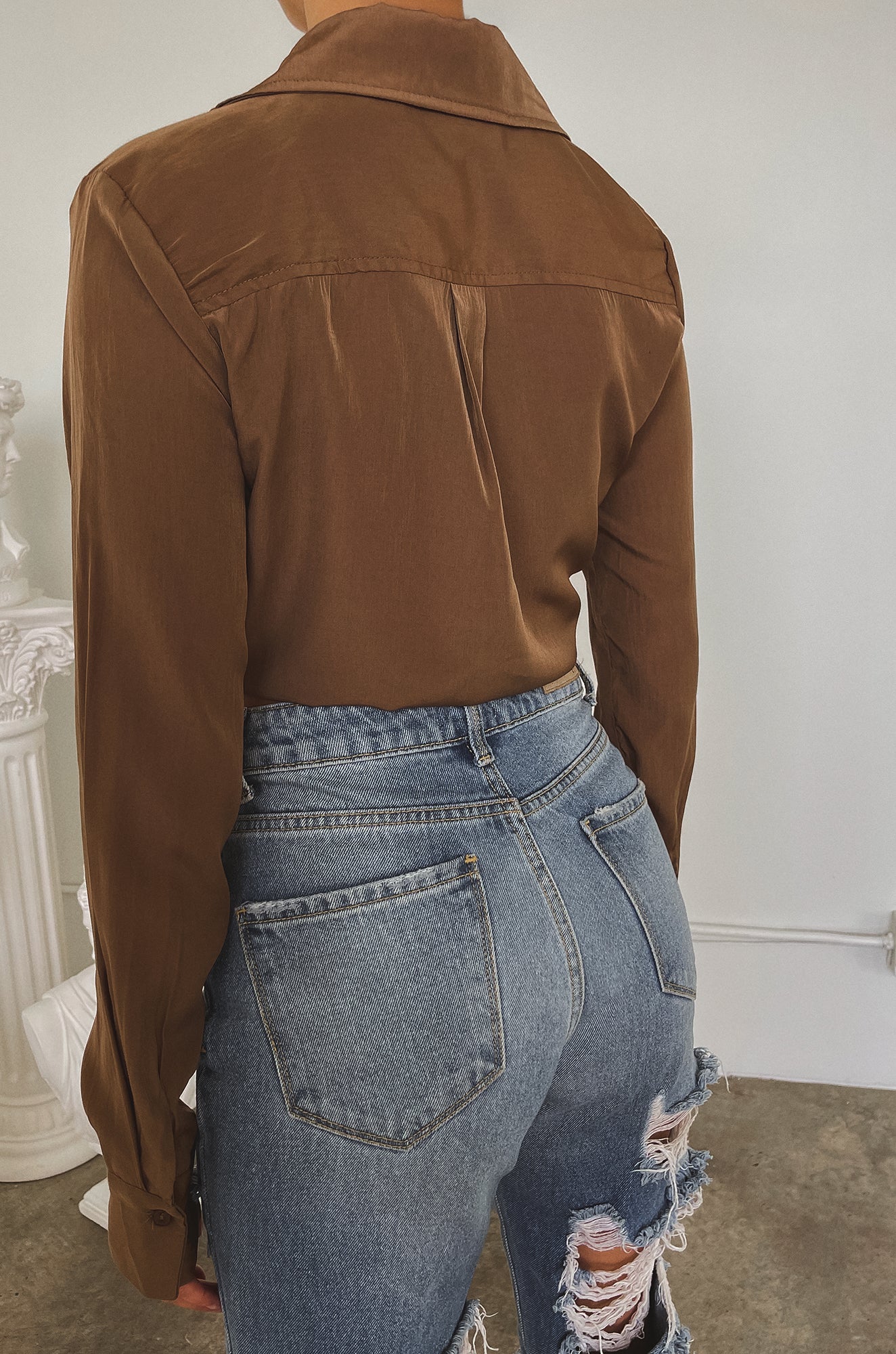 Iniza Long Sleeve Collar Wrap Top - Brown - Image 2