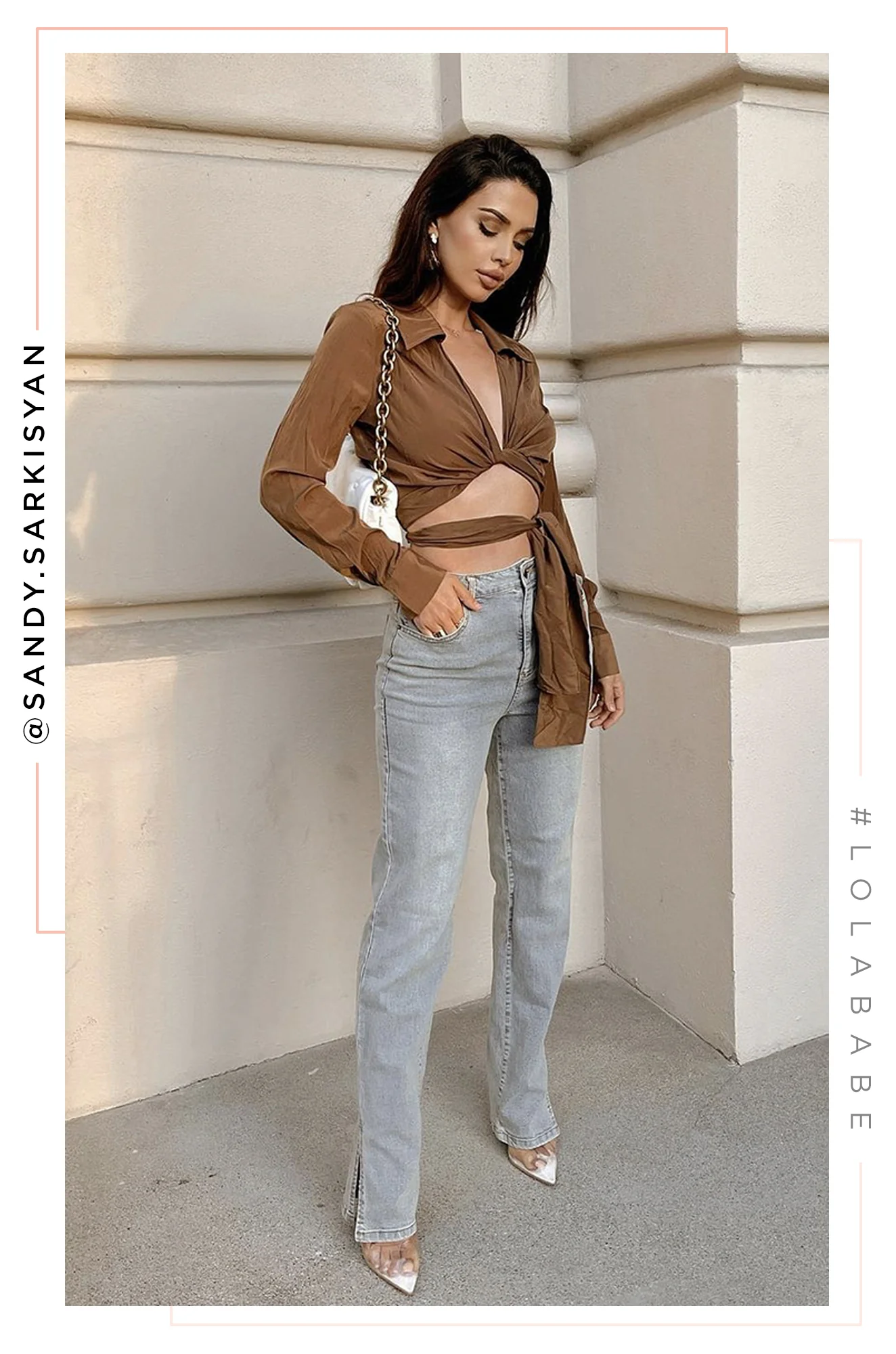 Iniza Long Sleeve Collar Wrap Top - Brown - Image 3