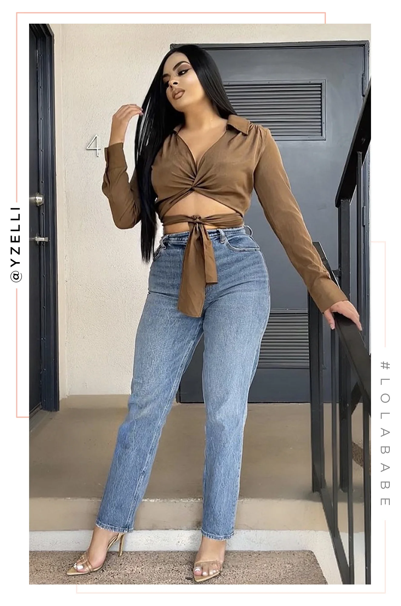 Iniza Long Sleeve Collar Wrap Top - Brown - Image 4