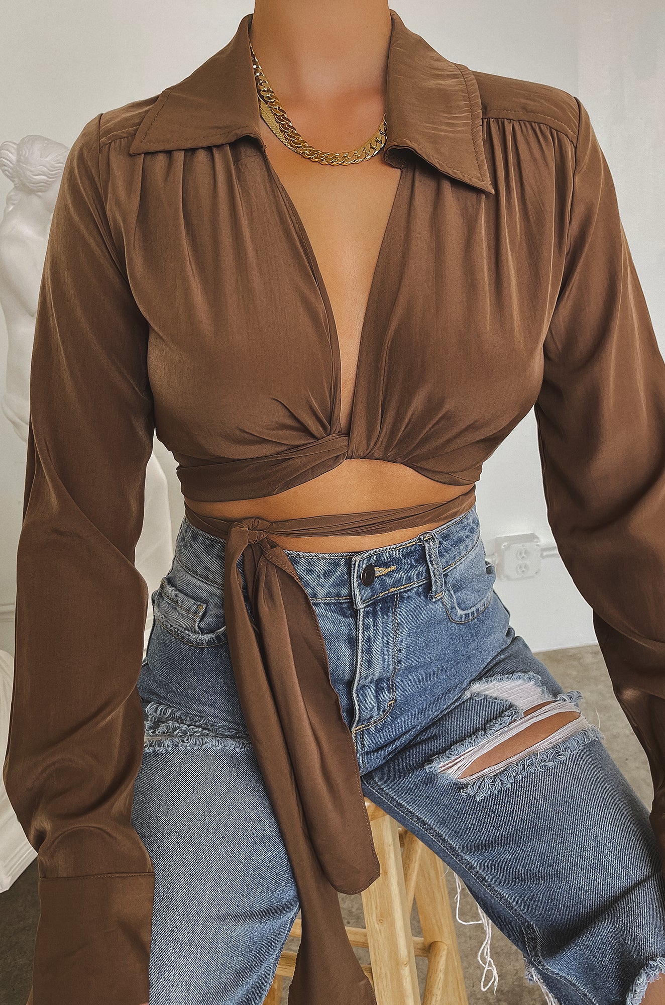 Iniza Long Sleeve Collar Wrap Top - Brown - Image 6