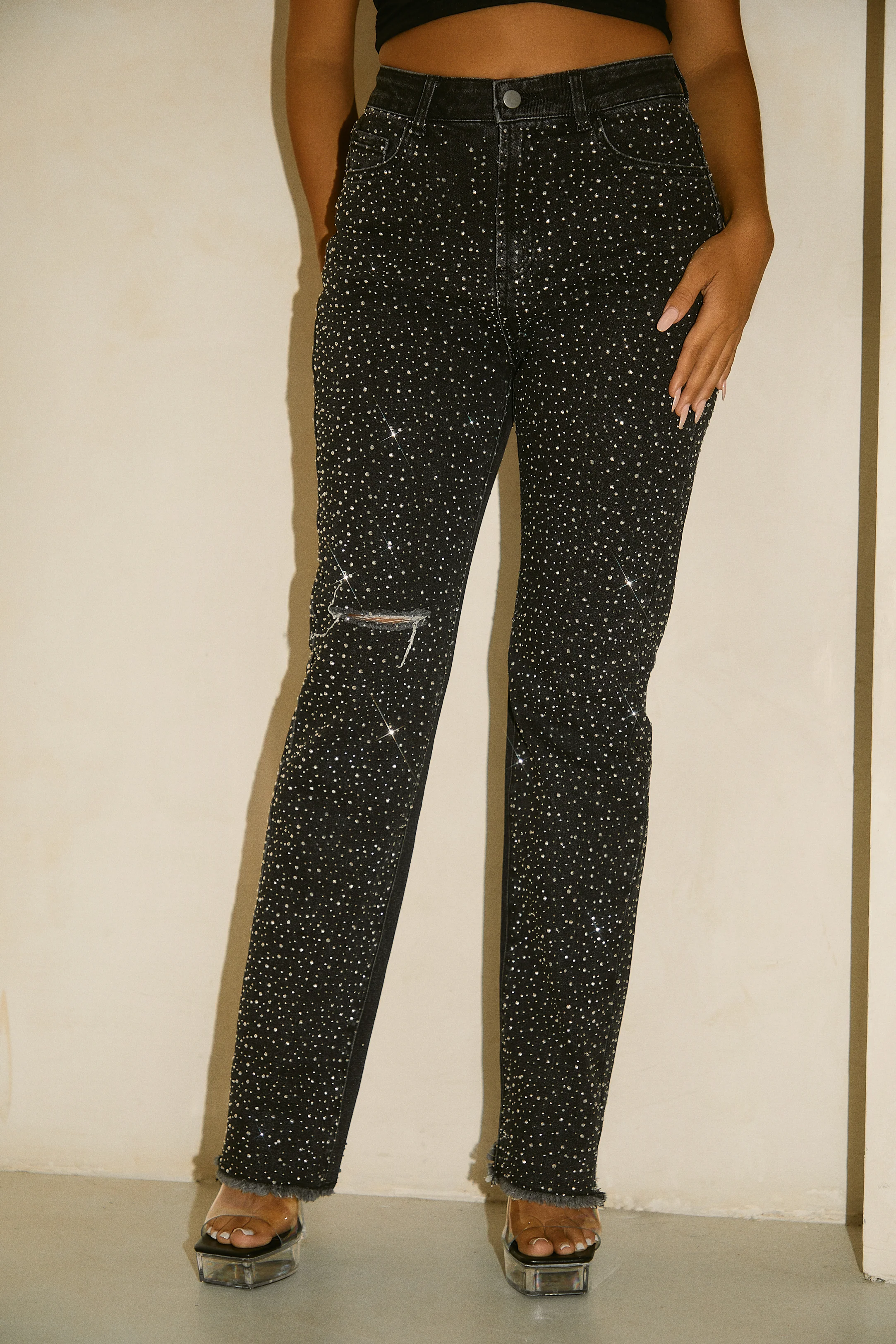 Kyandra Embellished Straight Leg Pant - Black Denim - Image 5