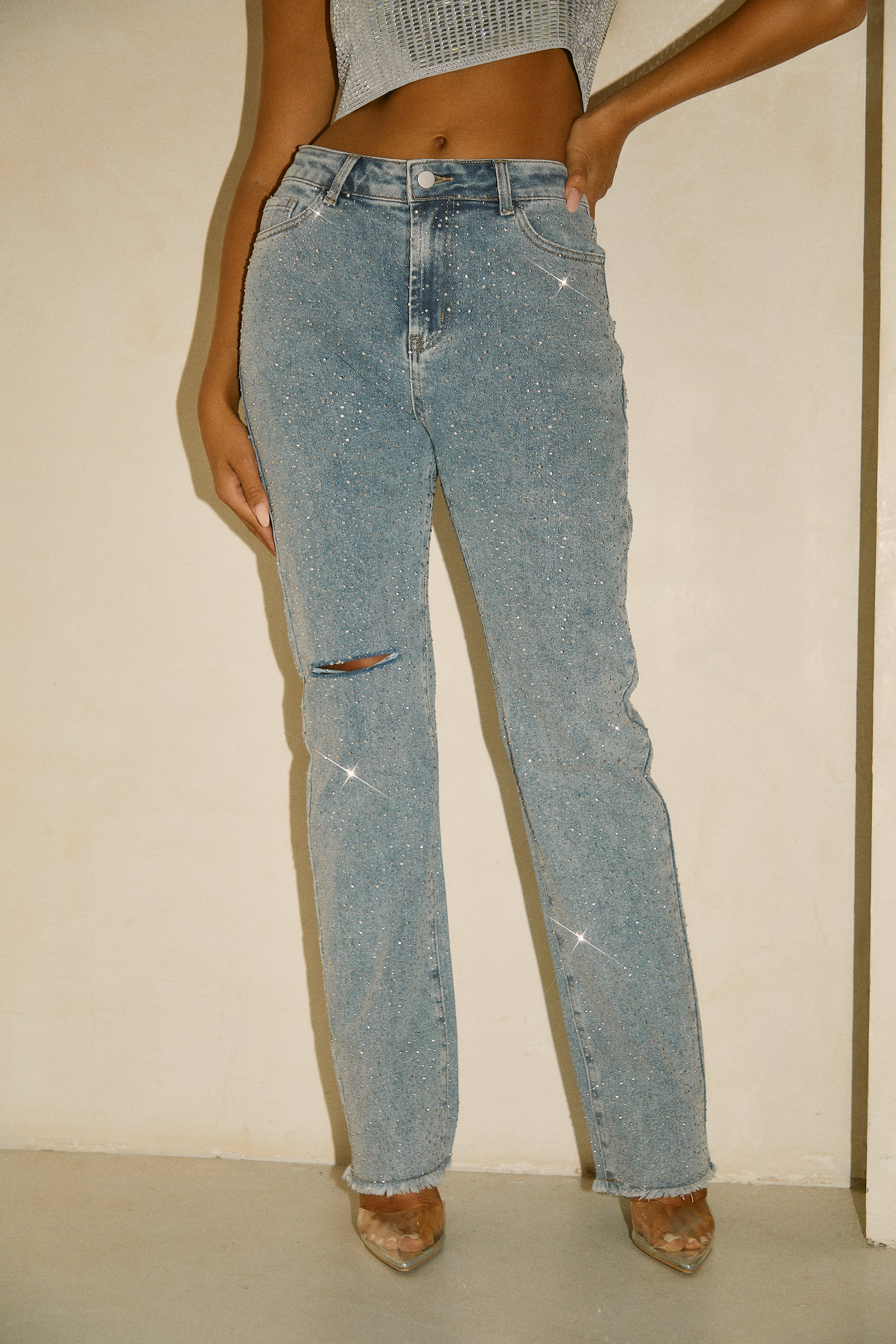 Kyandra Embellished Straight Leg Pant - Denim