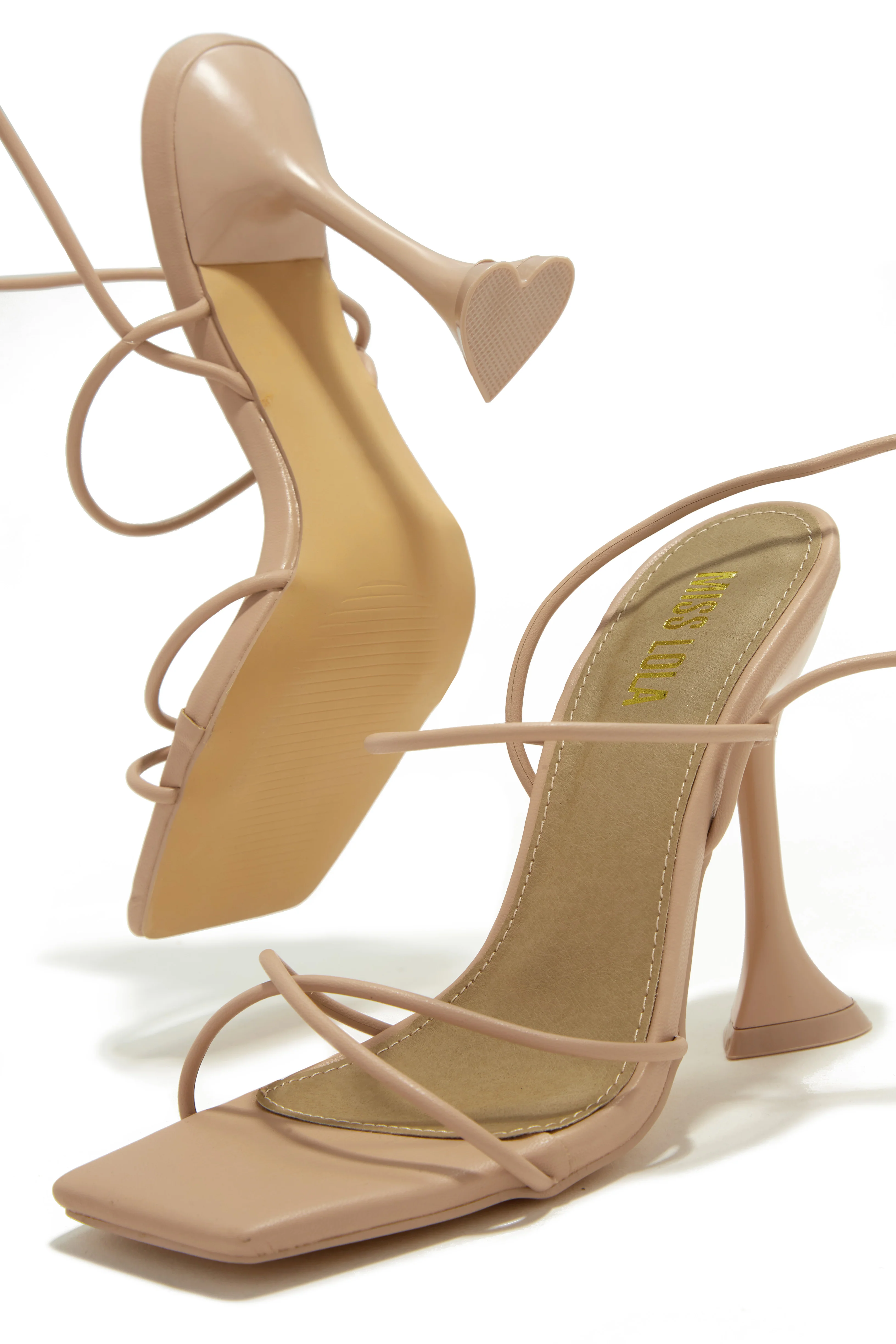 Loving Heart Lace Up High Heels - Nude - Image 4