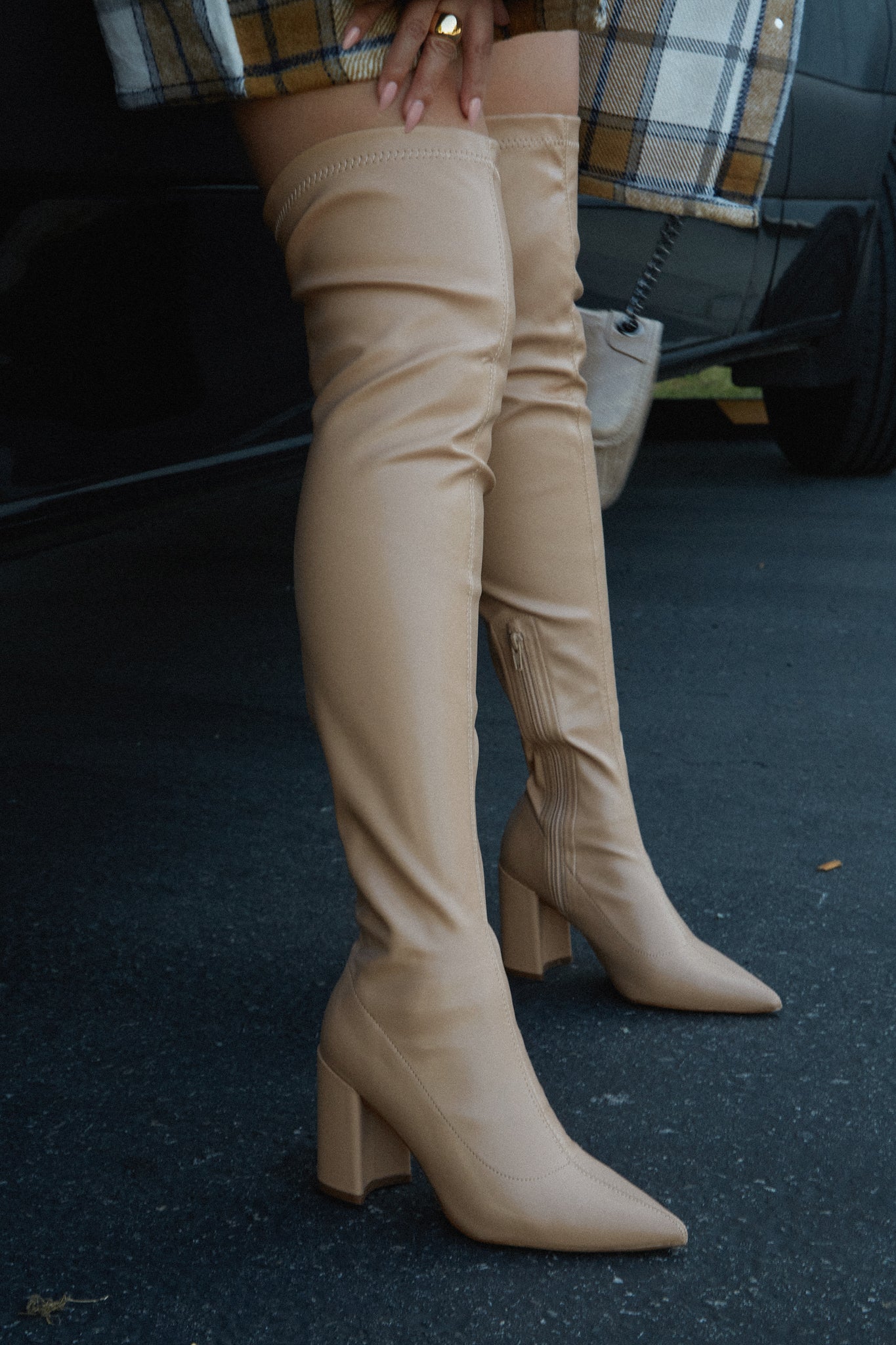 Make A Statement Block Heel Over The Knee Boots - Nude - Image 2