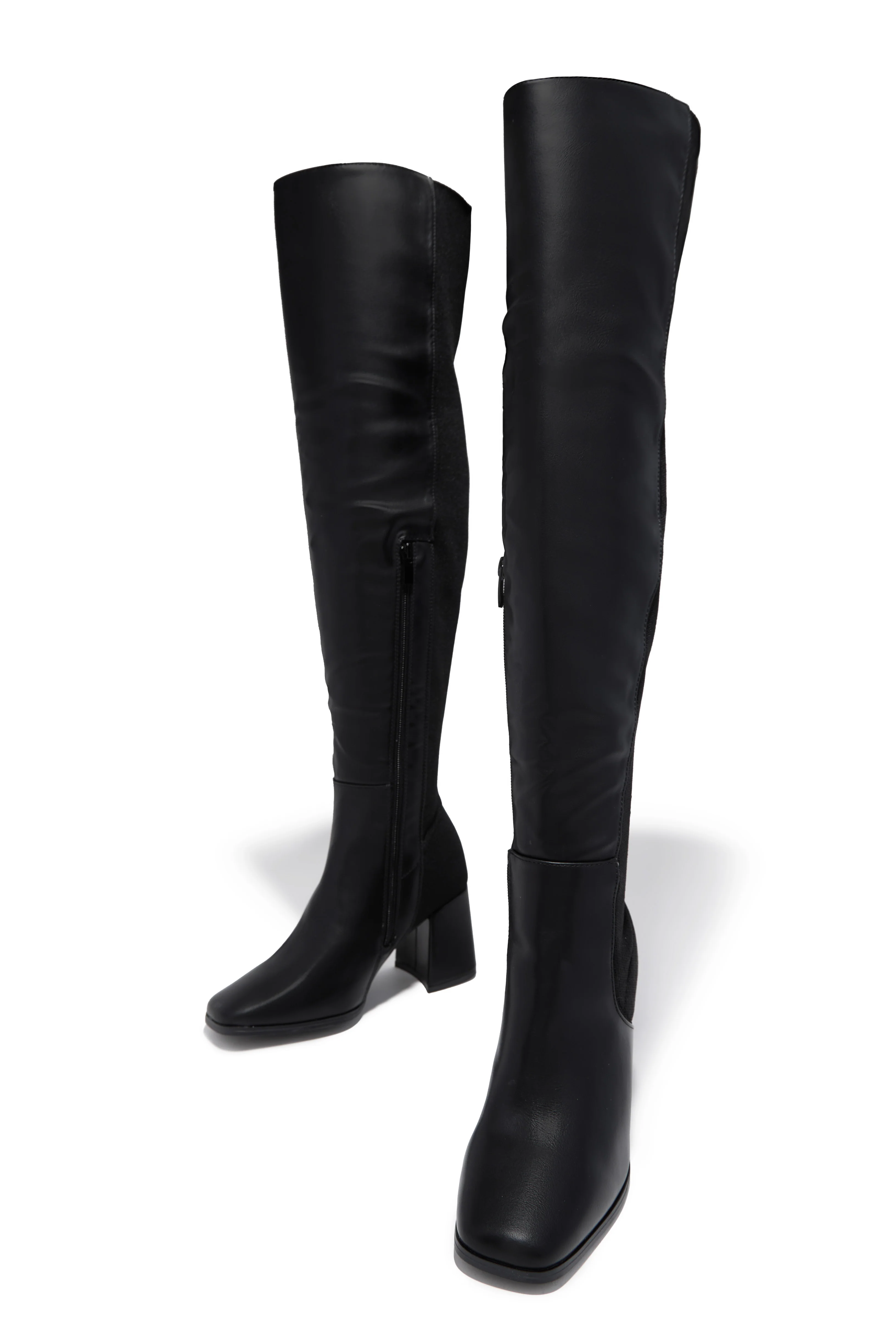 Mandy Block Heel Over The Knee Boots - Black PU - Image 5