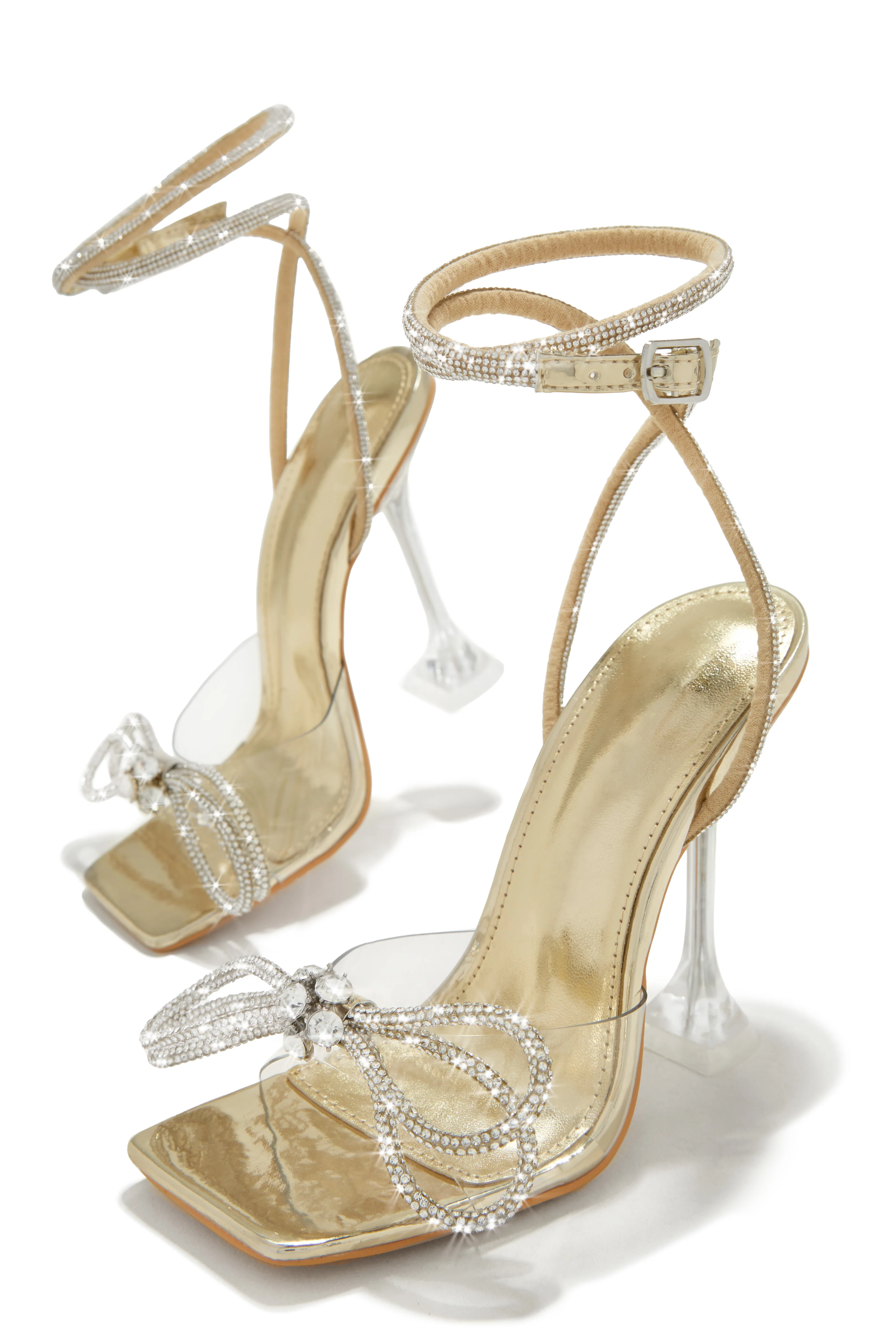 Amaria Embellished Bow Strap High Heels - Gold - Image 4