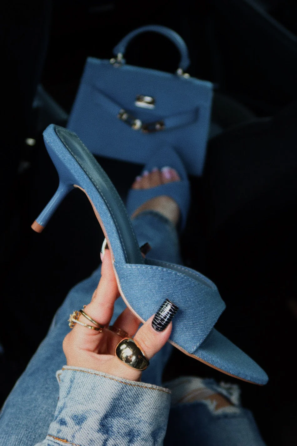 Myra Mid Heel Mules - Denim - Image 5