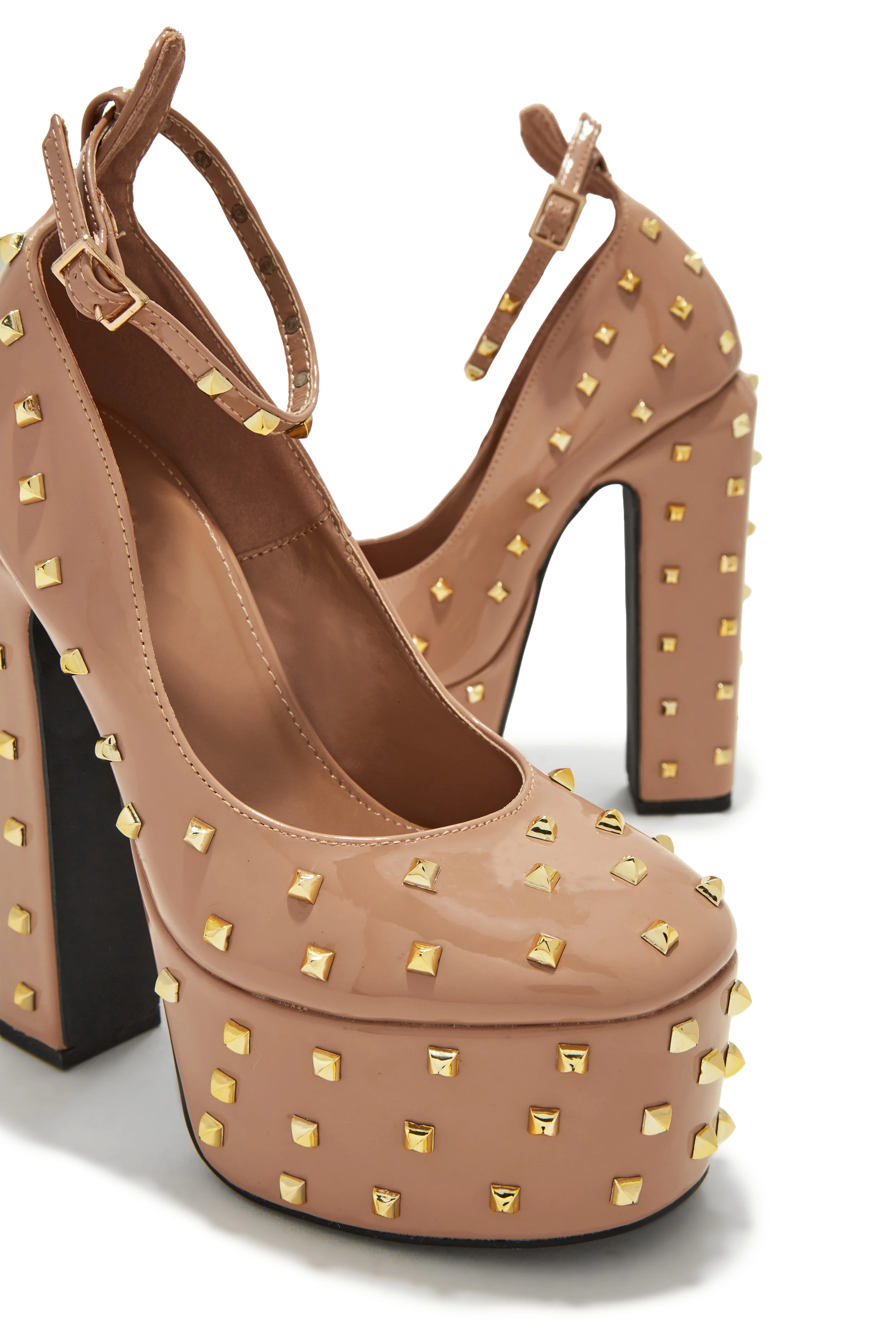 Nayomi Studded Platform Block High Heels - Nude - Image 6