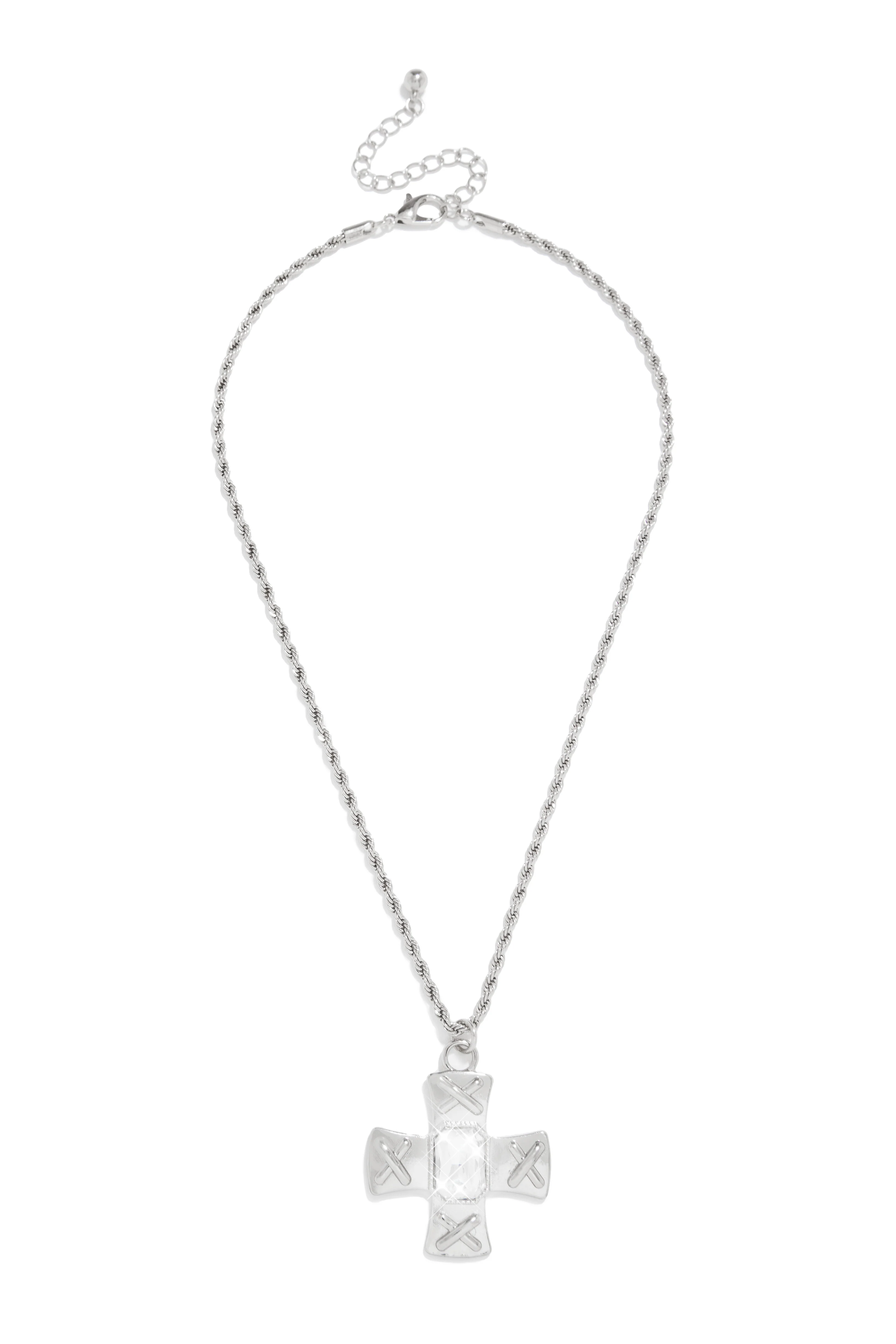 Norma Embellished Cross Necklace - Silver - Image 6