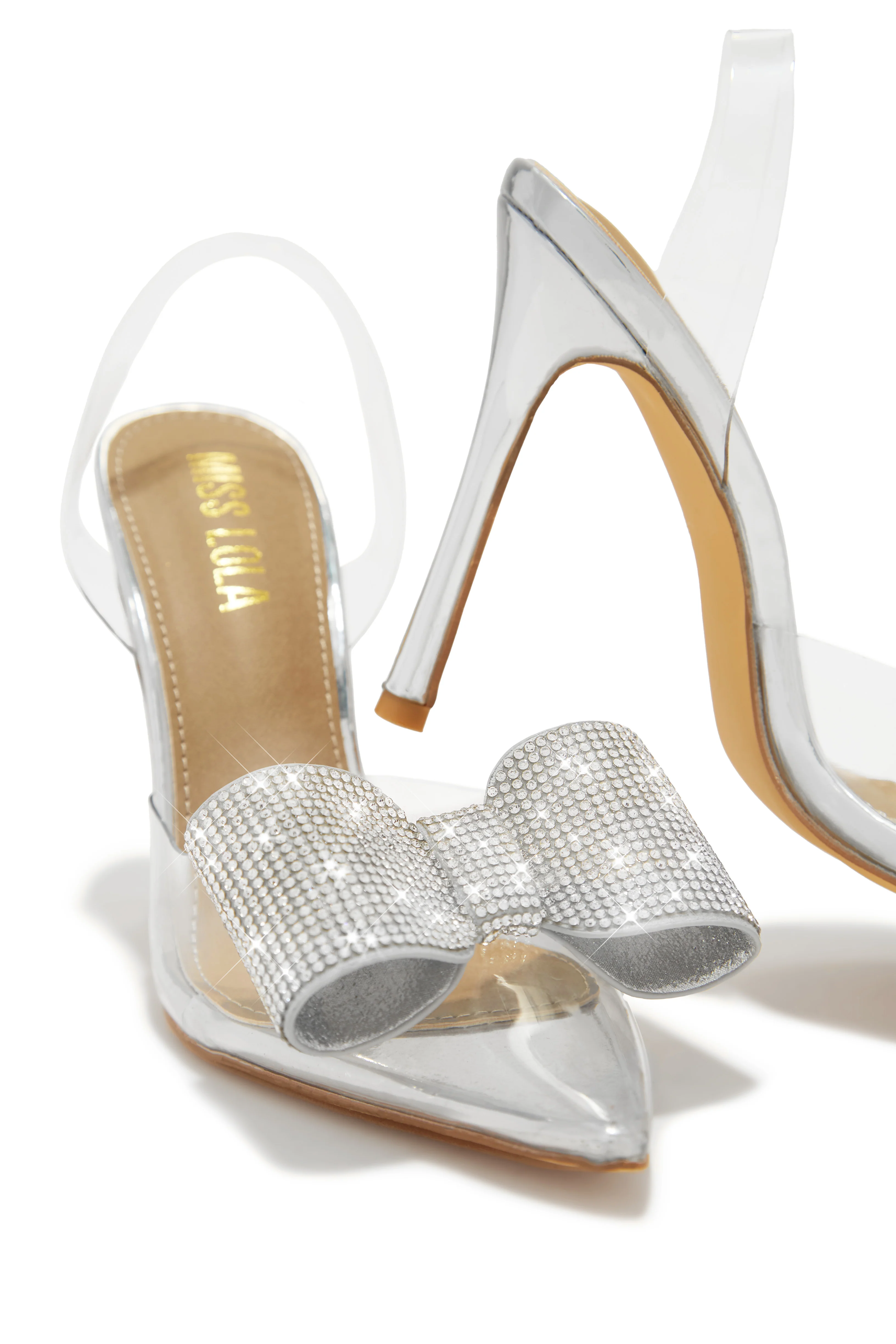 Chiara Embellished Bow Clear High Heel Pumps - Silver - Image 2