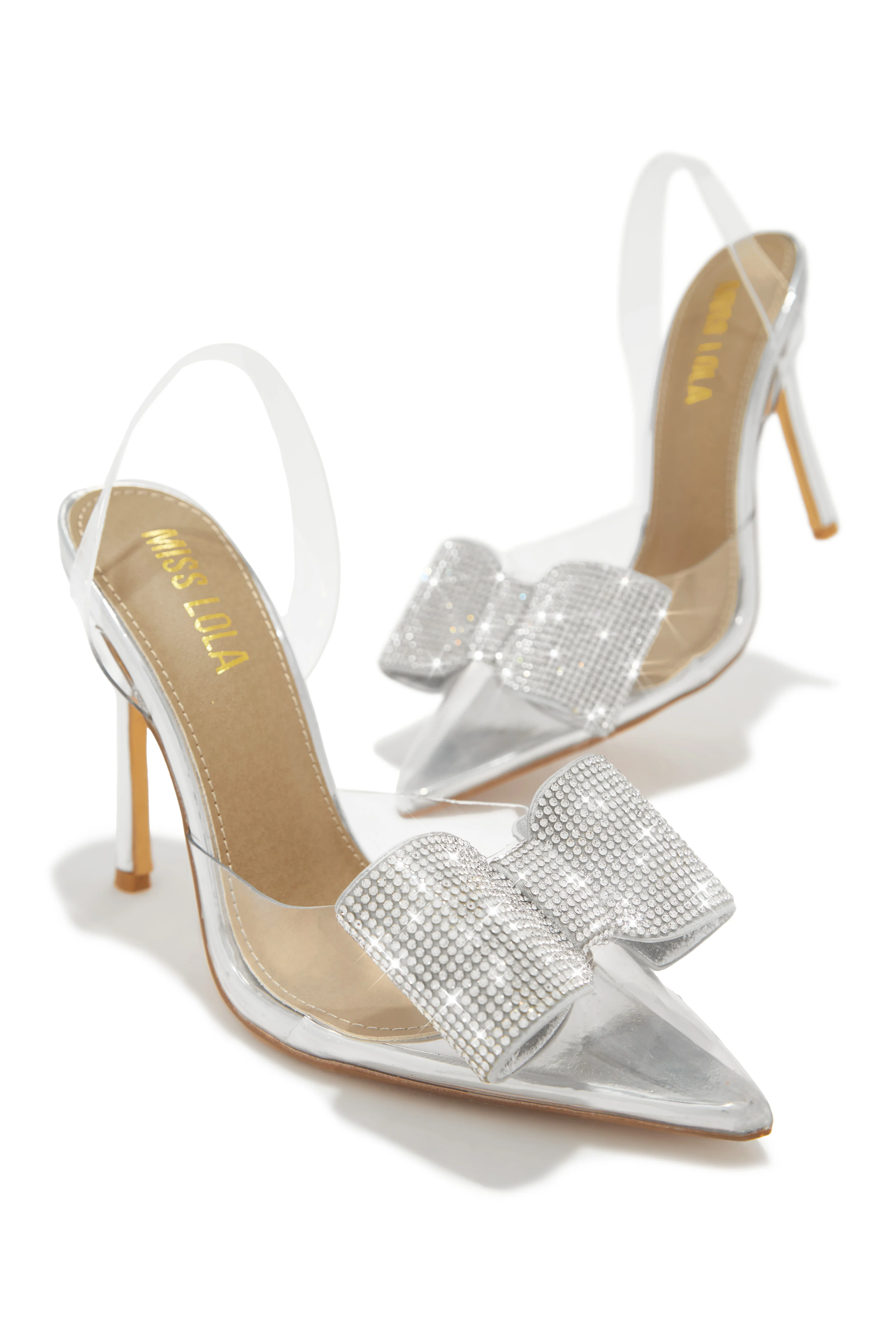 Chiara Embellished Bow Clear High Heel Pumps - Silver - Image 4
