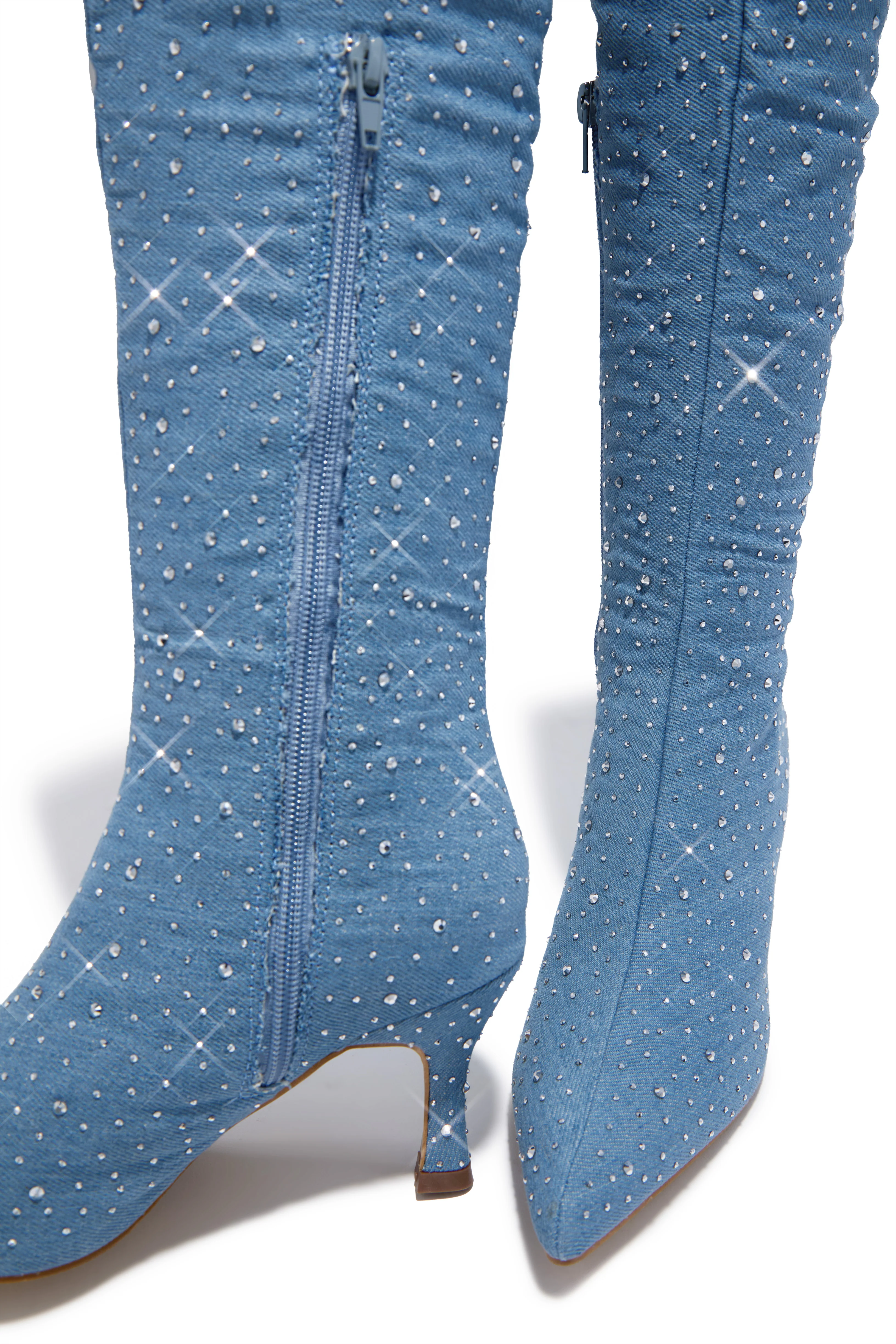 Shine Bright Embellished Over The Knee Heel Boots - Denim - Image 3