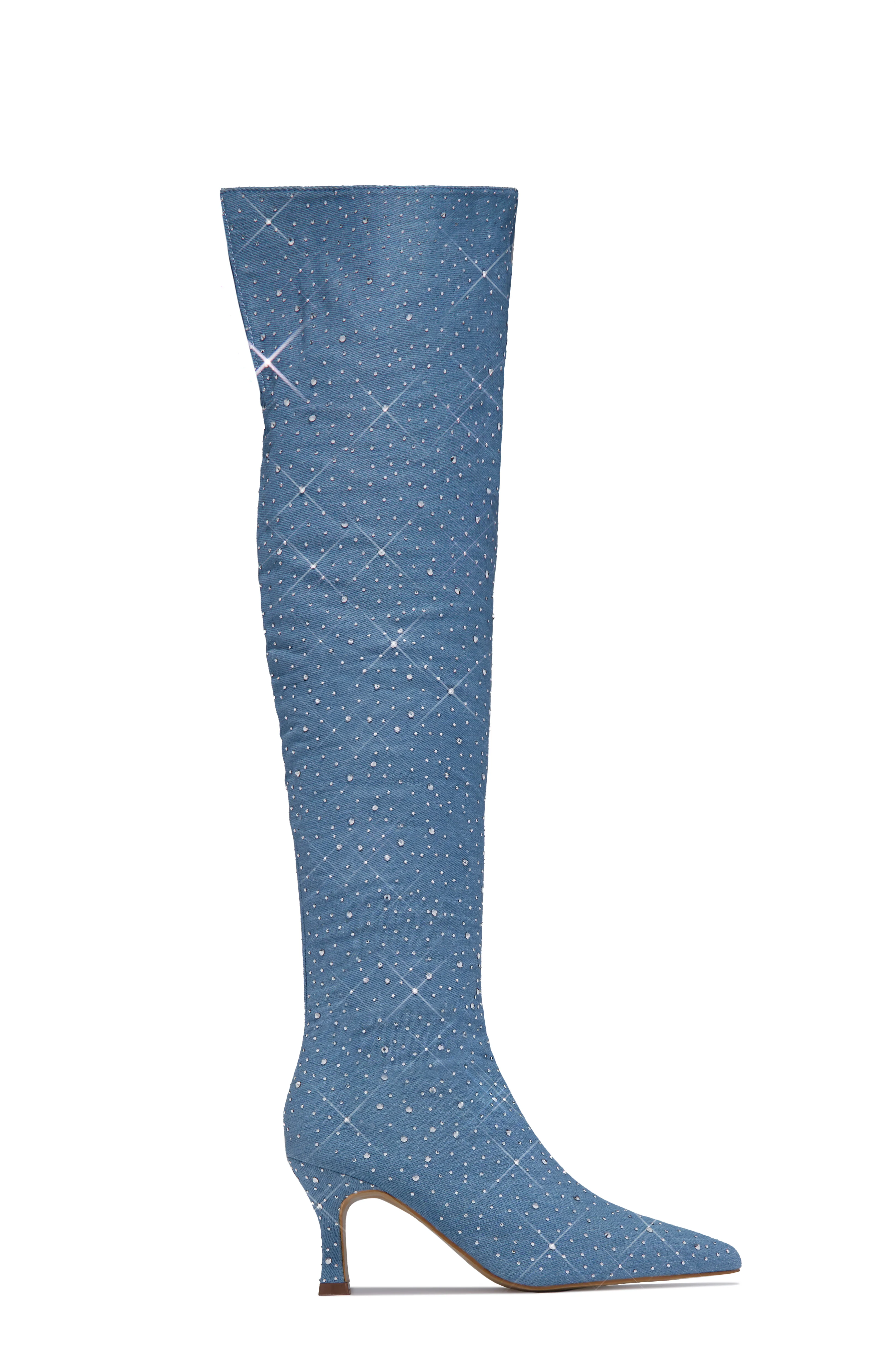 Shine Bright Embellished Over The Knee Heel Boots - Denim - Image 4