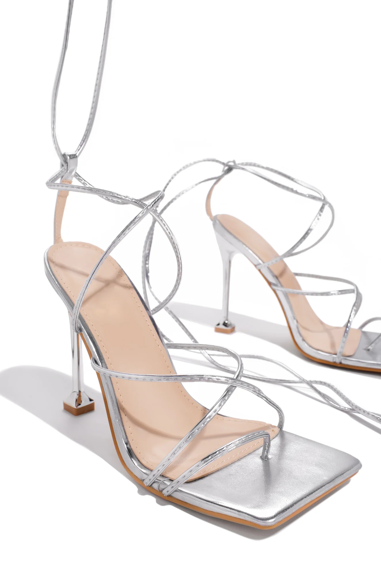 Sweet Talker Lace Up Strappy High Heels - Silver - Image 4